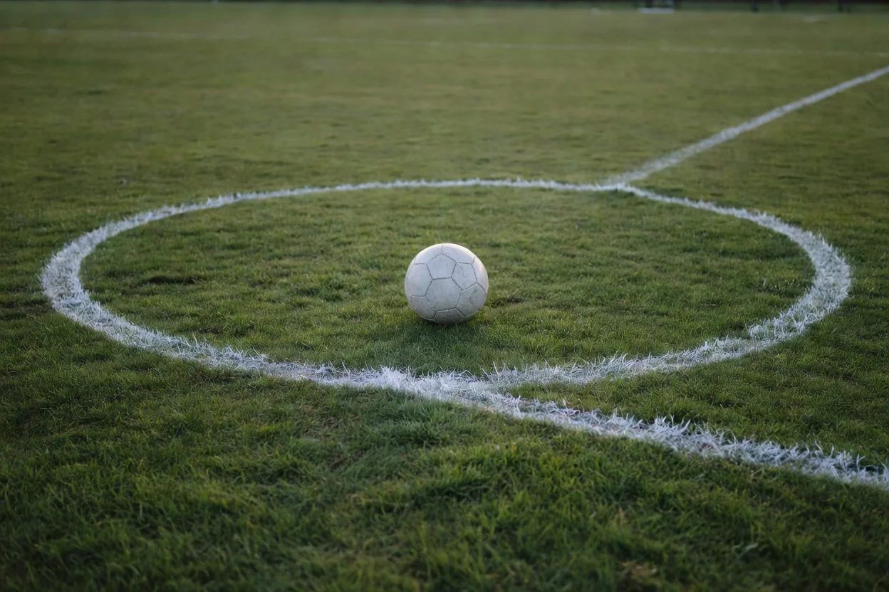 Bola de futebol sobre a linha do círculo central de um gramado vazio ao entardecer.