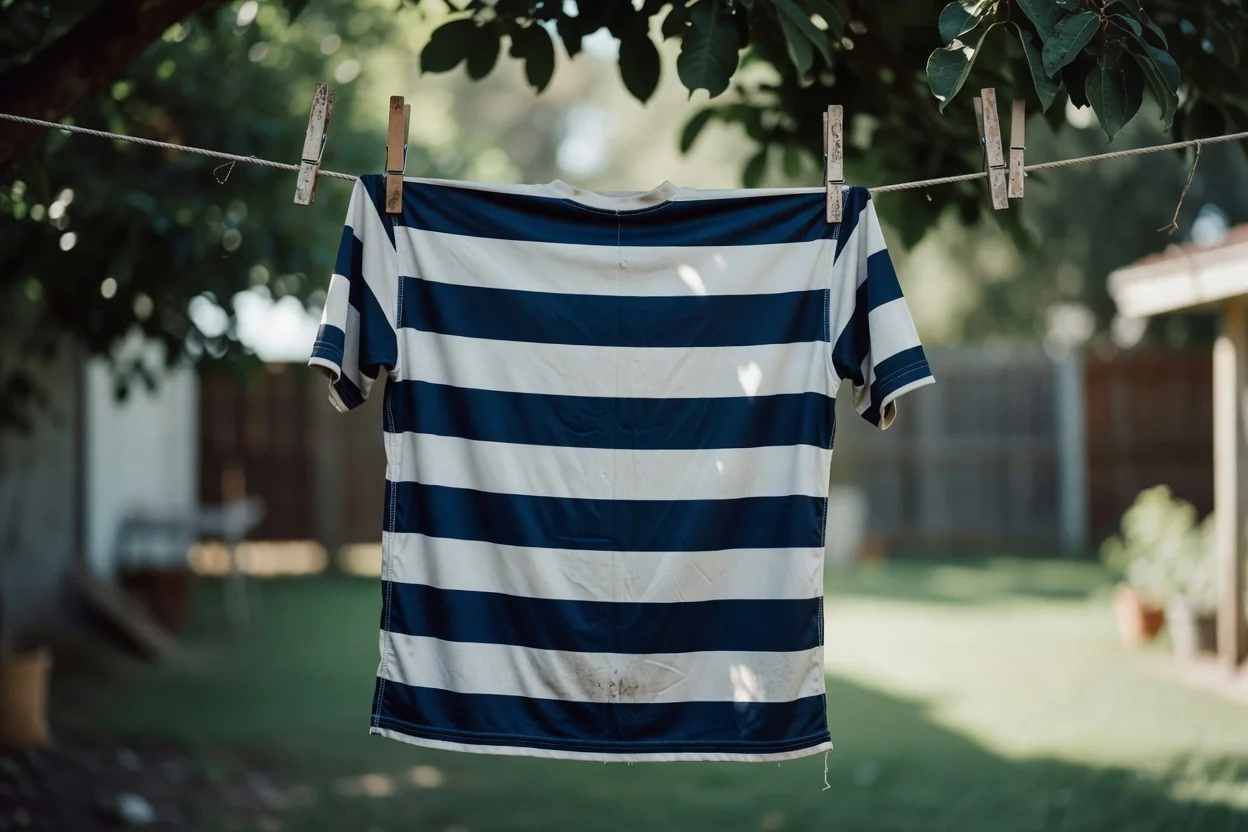 Camisa listrada secando à sombra em um varal com pregadores de madeira.