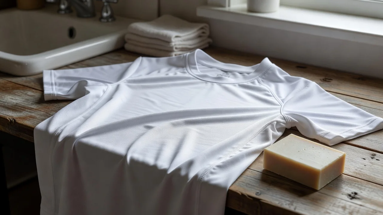 Camisa do avesso ao lado de sabão neutro, sem alvejante
