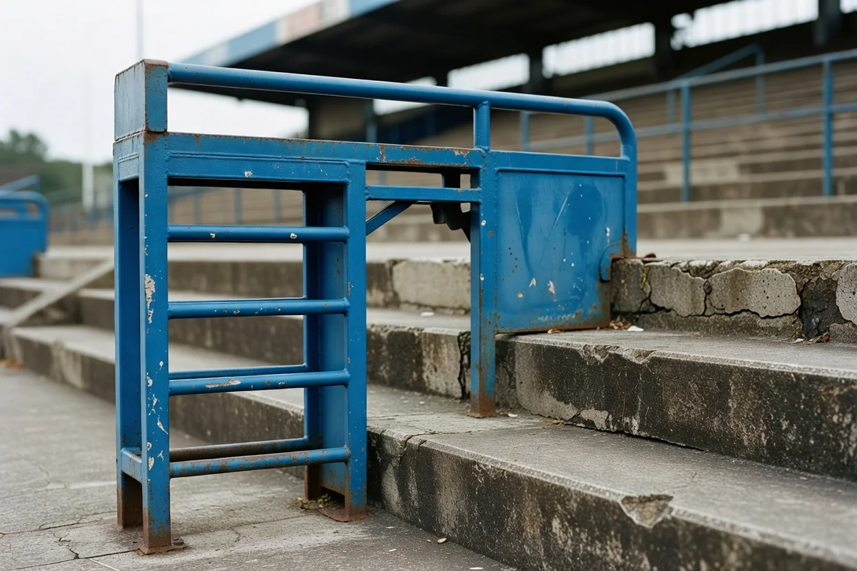 Catraca azul desgastada e degraus de concreto de um estádio antigo.