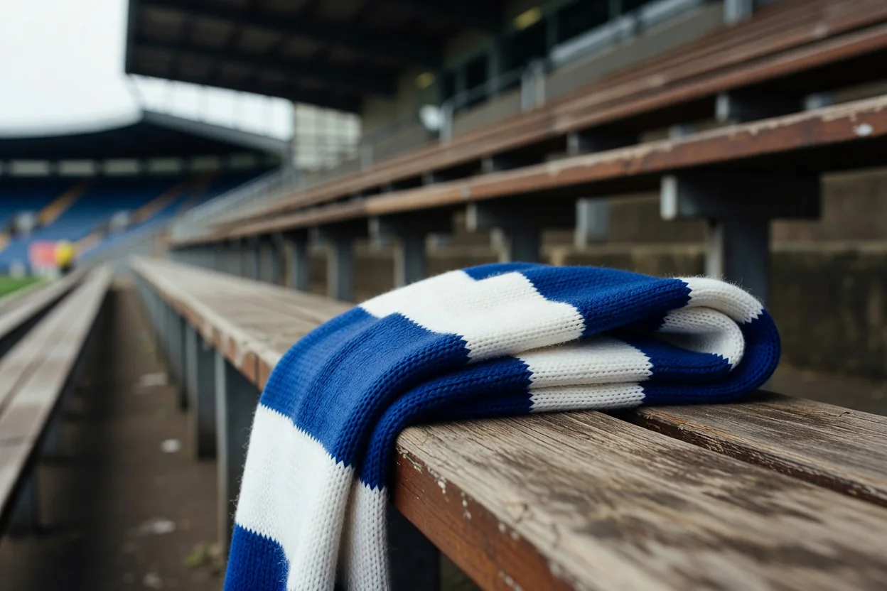 Cachecol azul e branco dobrado sobre um banco de madeira do estádio.