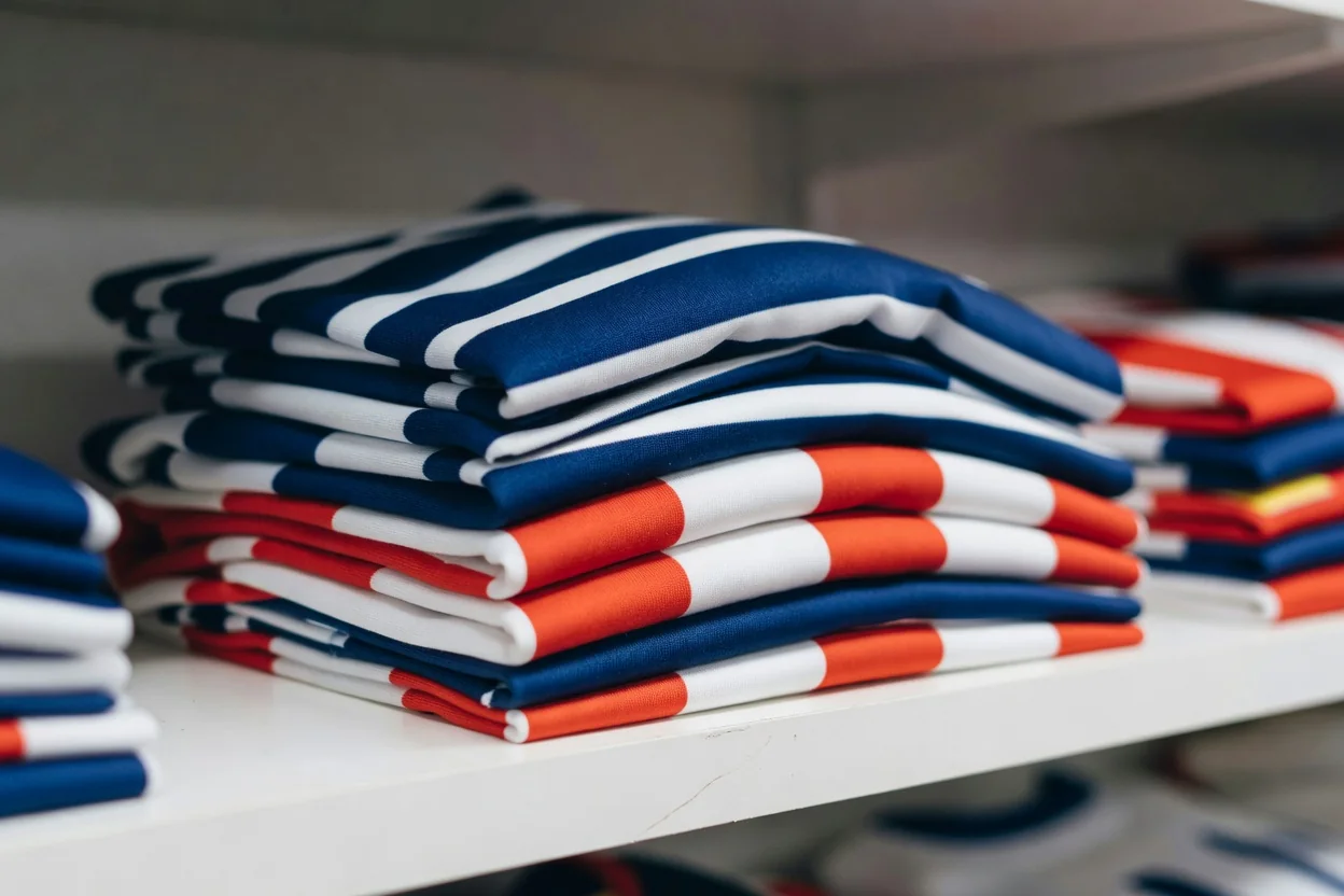 Pilha de camisas listradas dobradas em uma prateleira branca de loja.