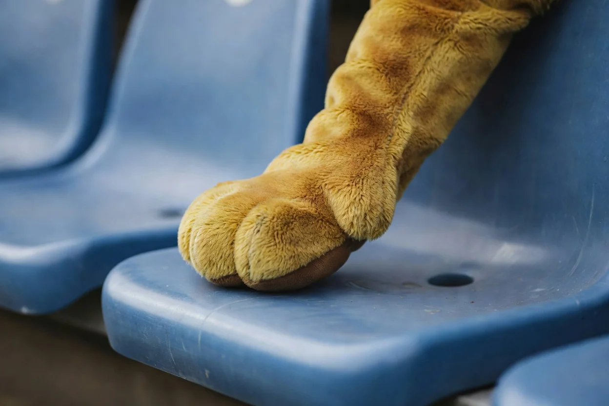 Pata de um leão de pelúcia apoiada em um assento azul de estádio.
