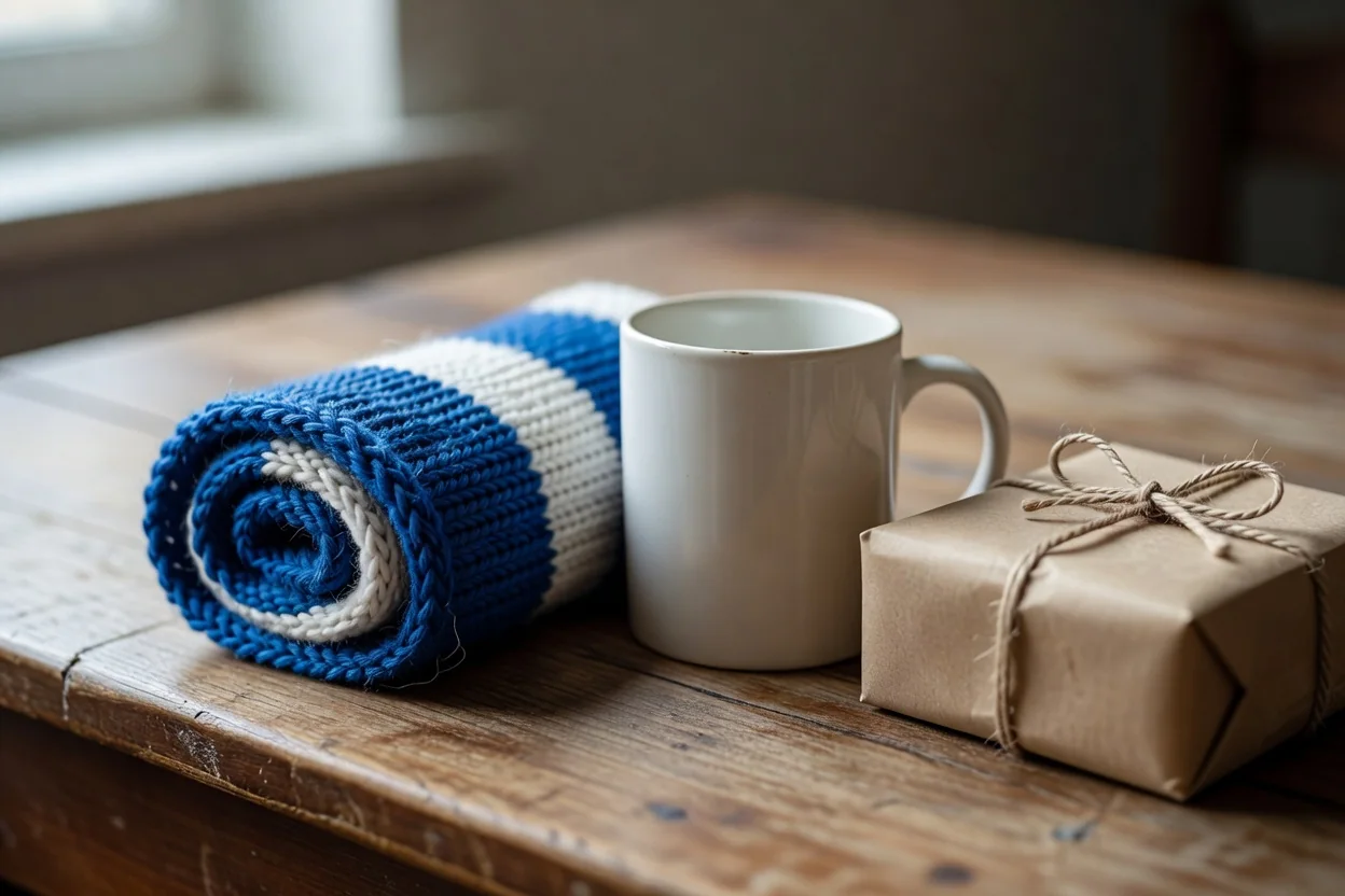 Cachecol azul e branco enrolado ao lado de caneca branca e caixinha de presente.
