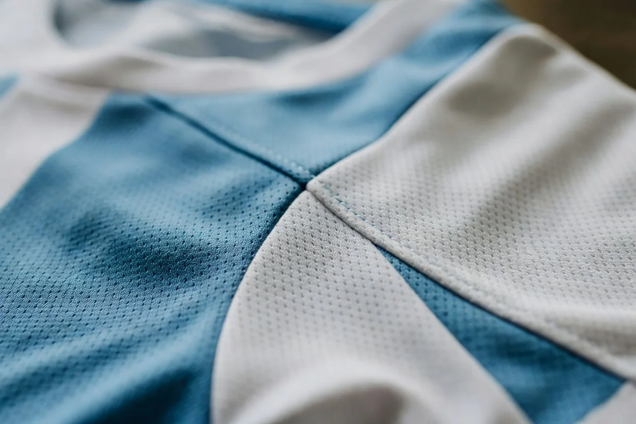 Macro do tecido leve e respirável da camisa, com trama e costuras à vista.