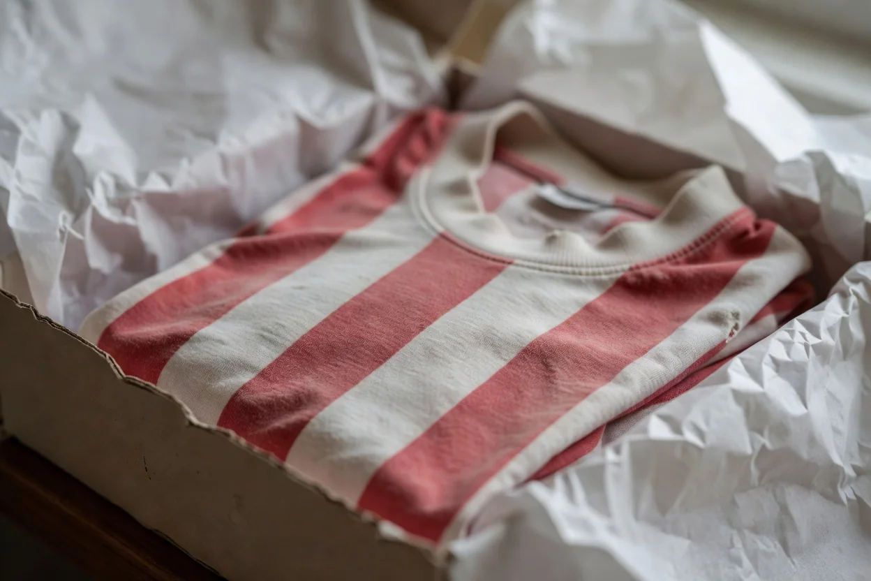 Camisa listrada antiga dobrada em caixa de arquivo com papel de seda.